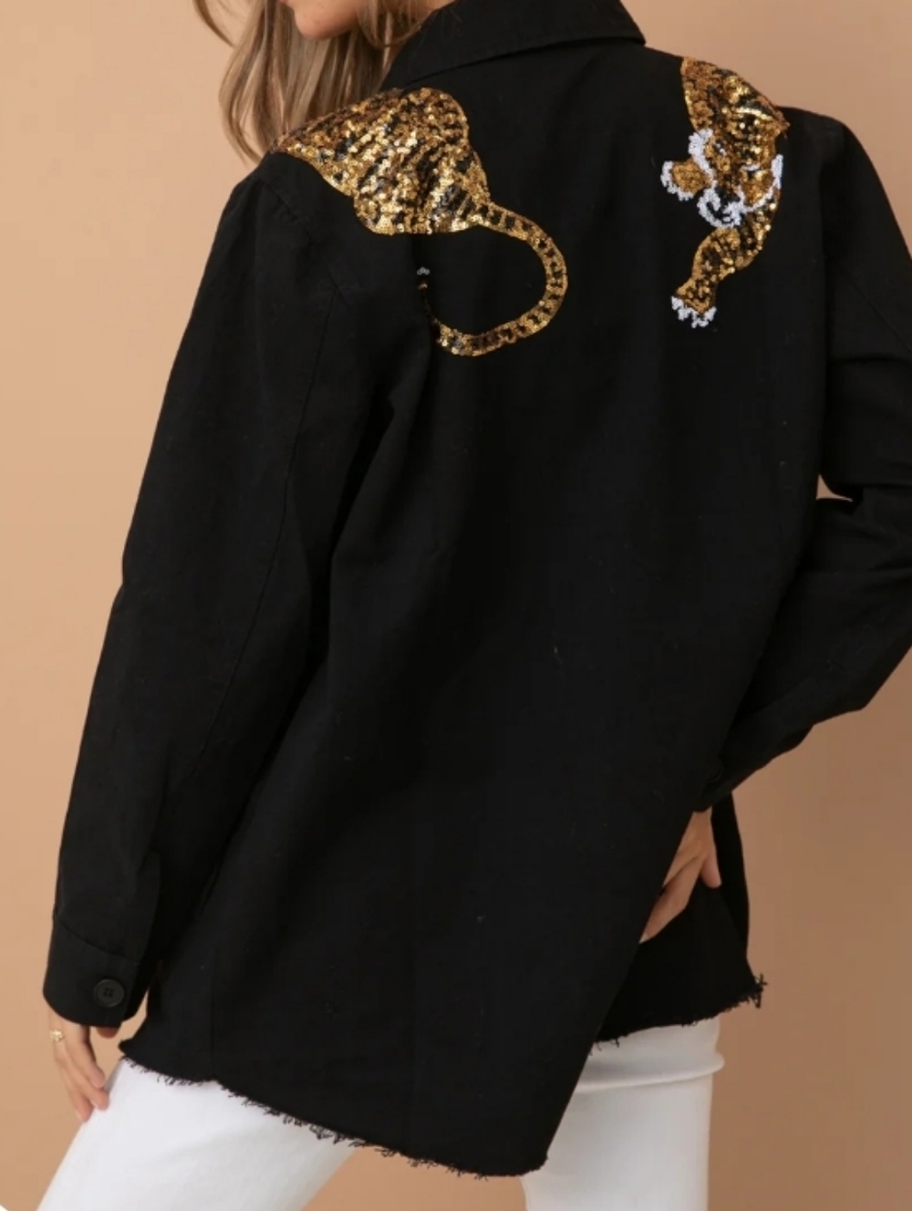 Blue B Black Denim Sequin Embroidered Tiger-shaped  Shoulder Shirt Jacket Size S - Picture 2 of 16
